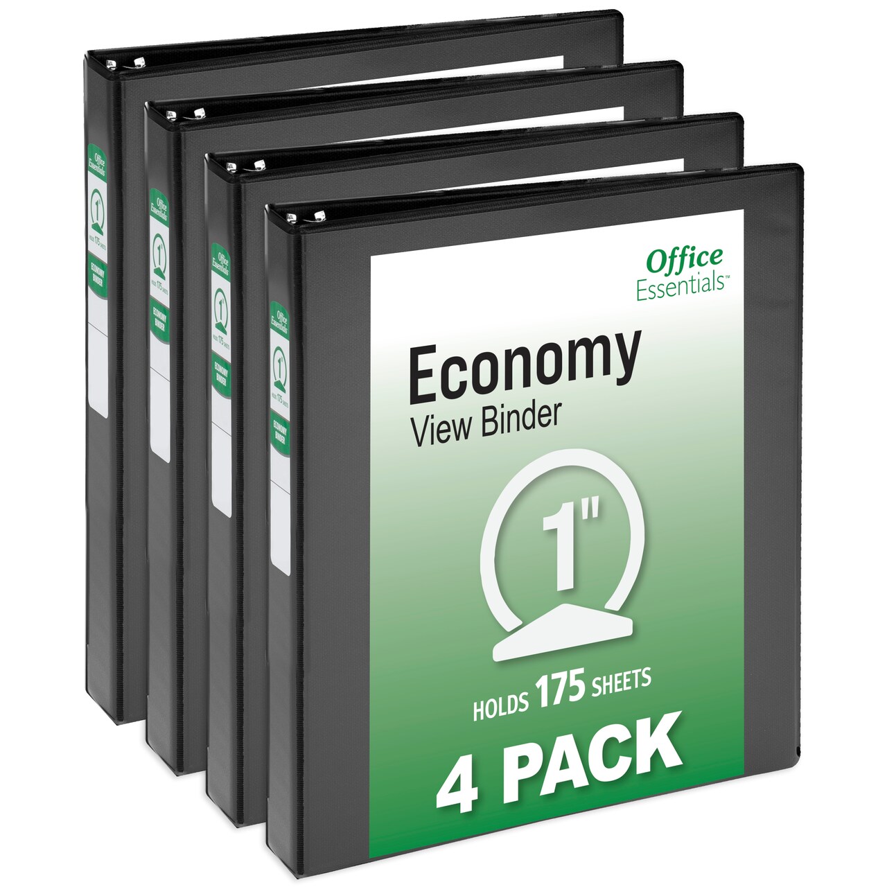 Office Essentials Economy View 3 Ring Binders, 1" Round Rings, 1.4" Spine, 175-Sheet Capacity, Black Binders (4-Pack of 03127)